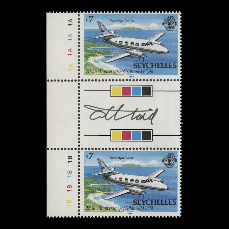 Seychelles 1983 (MNH) R7 Swearingen Merlin gutter pair signed by designer