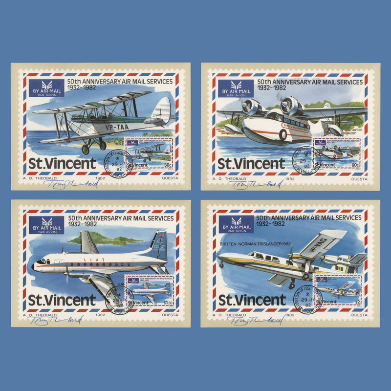 Saint Vincent 1982 Airmail Services Anniversary signed first day postcards