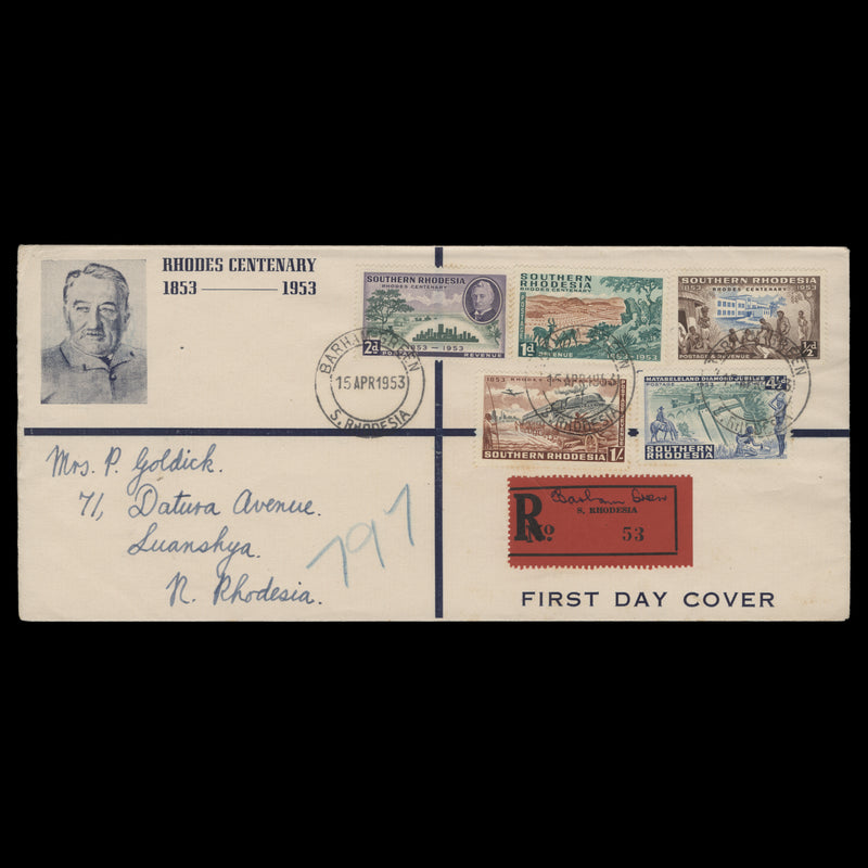 Southern Rhodesia 1953 Rhodes Centenary first day cover, BARHAM GREEN