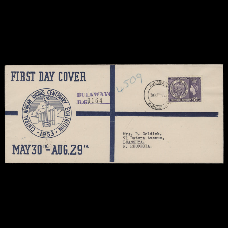 Southern Rhodesia 1953 Rhodes Centenary Exhibition first day cover, BULAWAYO