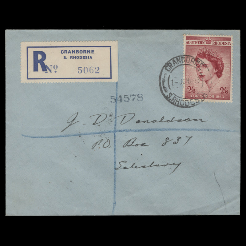 Southern Rhodesia 1953 (FDC) 2s6d Coronation, CRANBORNE