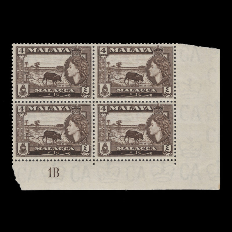 Malacca 1957 (MNH) 4c Ricefield plate 1B block