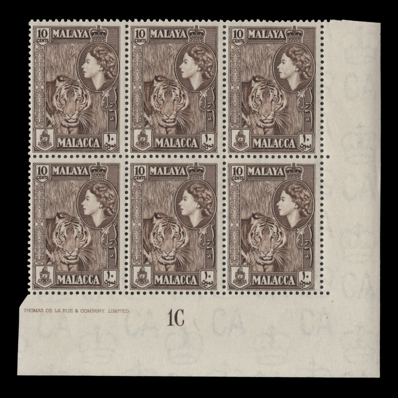 Malacca 1957 (MLH) 10c Tiger imprint/plate 1C block