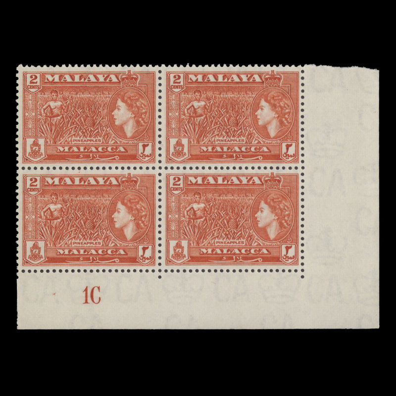 Malacca 1957 (MLH) 2c Pineapples plate 1C block