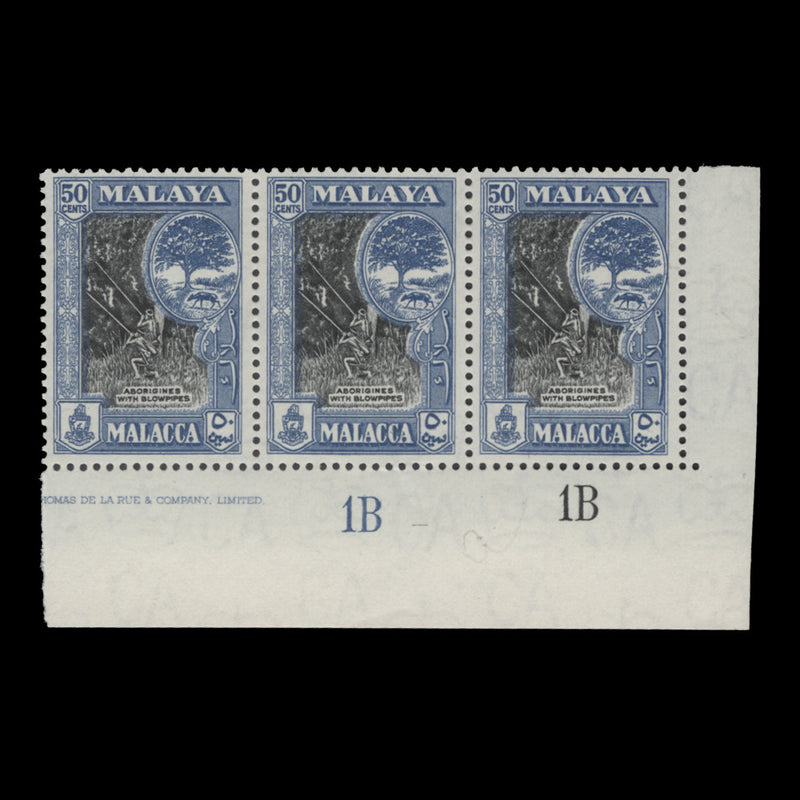 Malacca 1960 (MNH) 50c Aborigines with Blowpipes plate 1B–1B strip