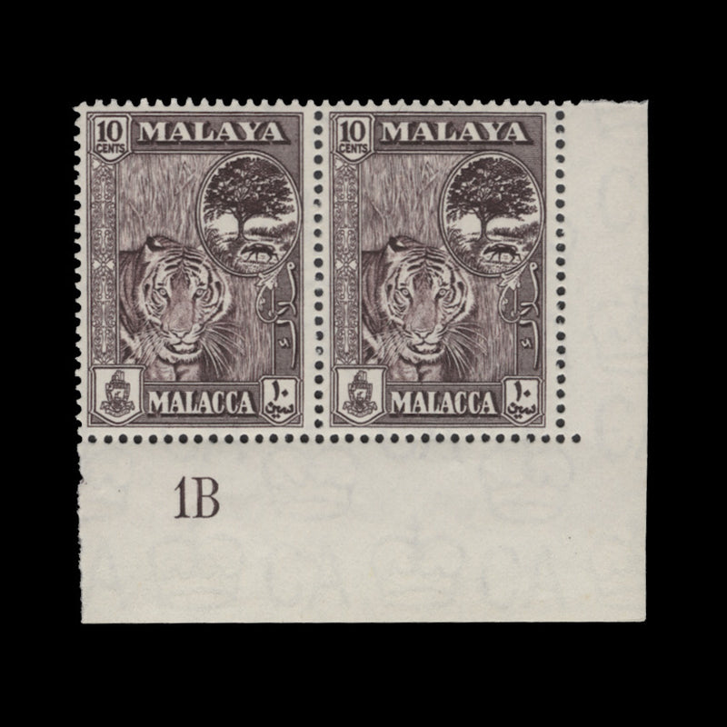 Malacca 1960 (MLH) 10c Tiger plate 1B pair