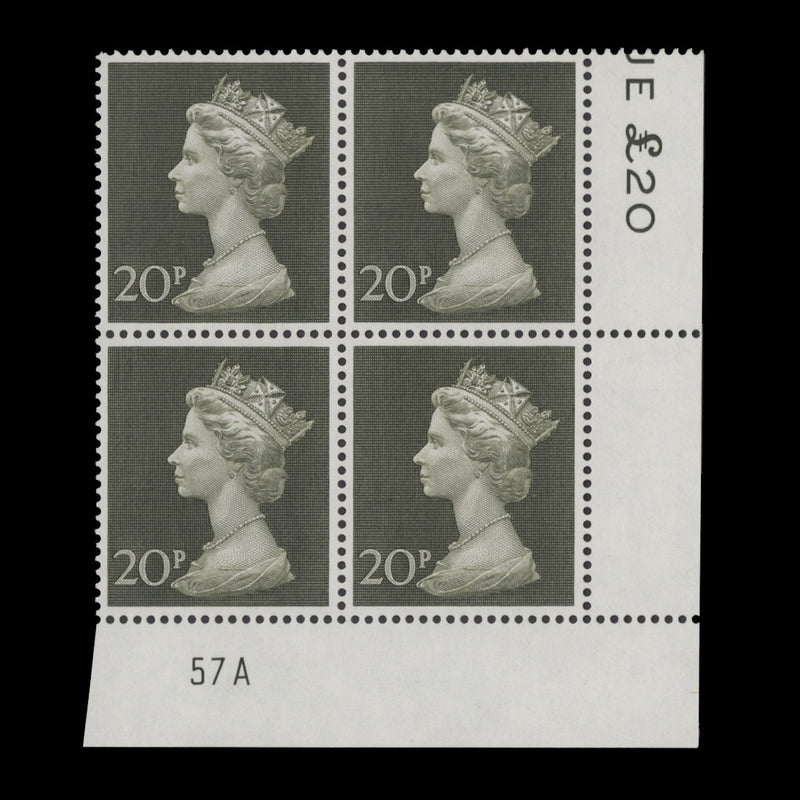 Great Britain 1973 (MNH) 20p Olive-Green plate 57A block