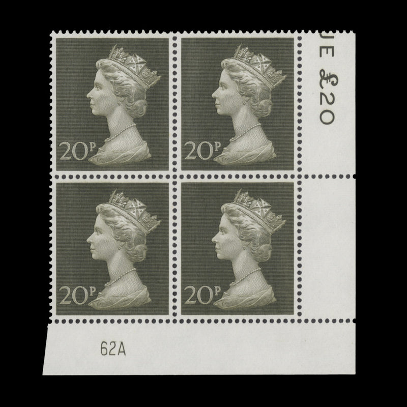 Great Britain 1973 (MNH) 20p Olive-Green plate 62A block