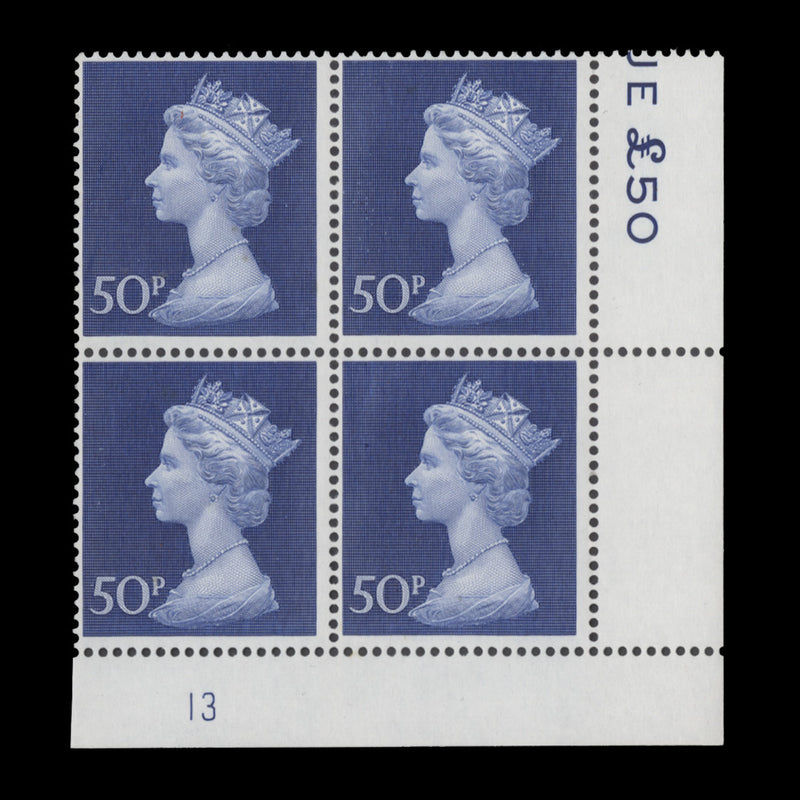 Great Britain 1970 (MNH) 50p Deep Ultramarine plate 13 block