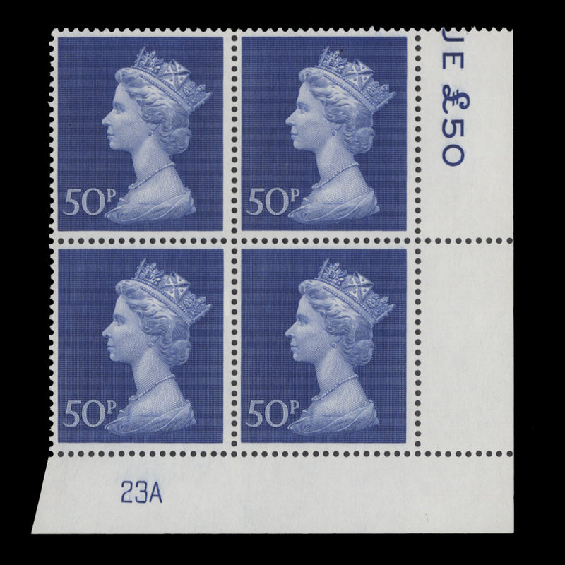 Great Britain 1974 (MNH) 50p Deep Ultramarine plate 23A block