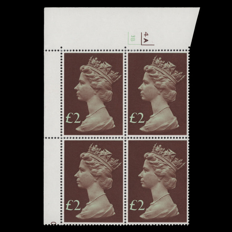 Great Britain 1977 (MNH) £2 Red-Brown & Emerald cyl 4A–3B block