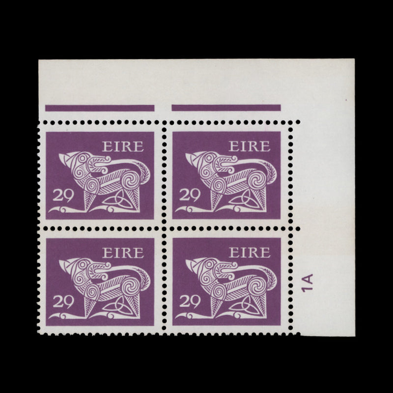 Ireland 1982 (MNH) 29p Dog cylinder 1A block x 4, perf 14 x 14½, litho