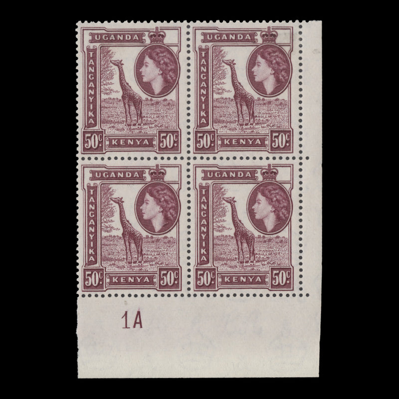 Kenya Uganda Tanganyika 1954 (MMH) 50c Giraffe plate 1A block