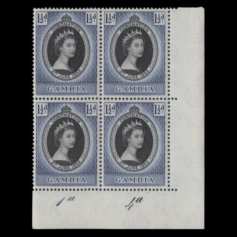 Gambia 1953 (MNH) 1½d Coronation plate 1a–4a block