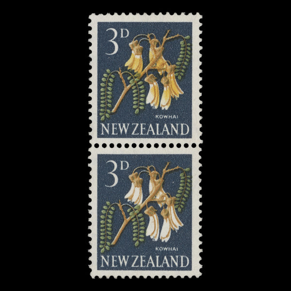 New Zealand 1960 Variety 3d Kowhai pair missing yellow from one stamp