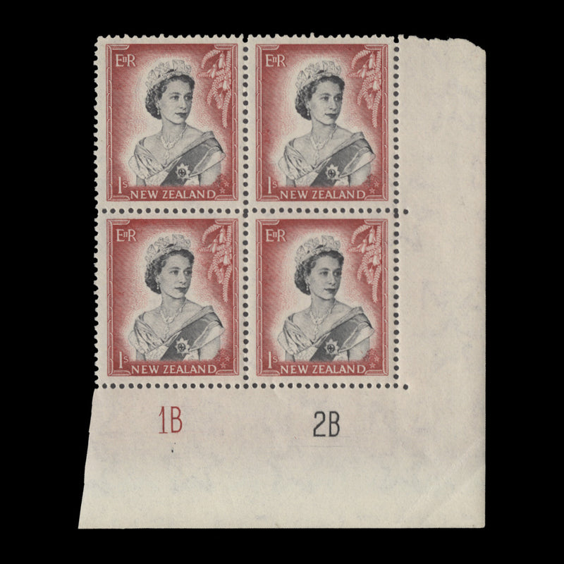 New Zealand 1954 (MNH) 1s Queen Elizabeth II plate 1B–2B block