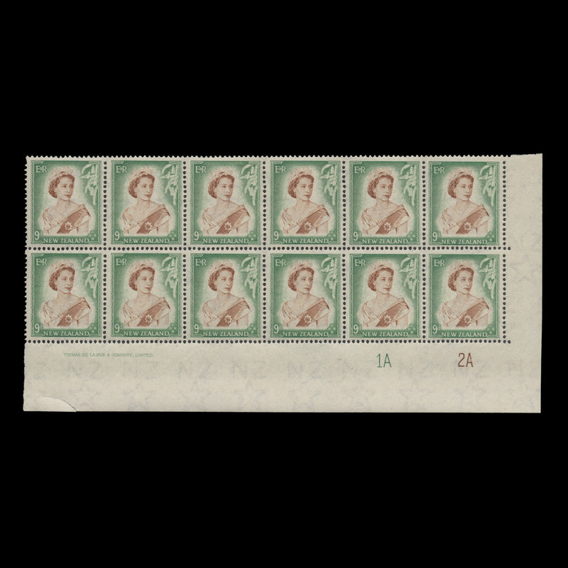 New Zealand 1954 (MNH) 9d Queen Elizabeth II imprint/plate 1A–2A block