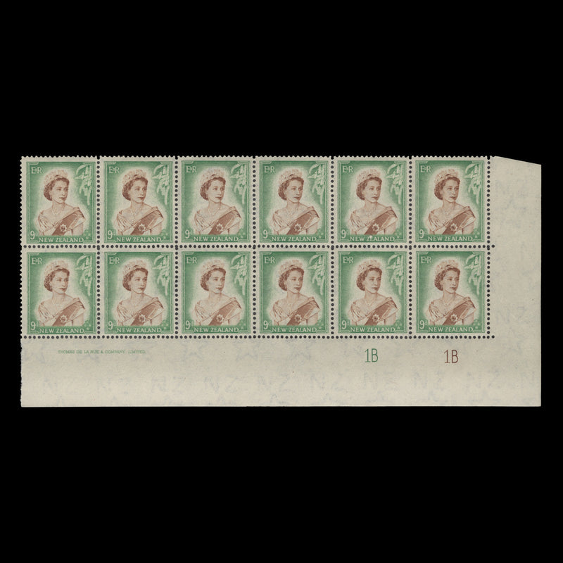 New Zealand 1954 (MLH) 9d Queen Elizabeth II imprint/plate 1B–1B block