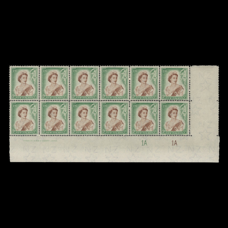 New Zealand 1954 (MLH) 9d Queen Elizabeth II imprint/plate 1A–1A block