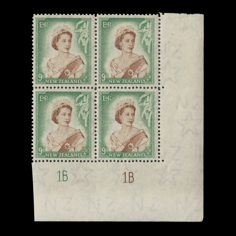 New Zealand 1954 (MNH) 9d Queen Elizabeth II plate 1B–1B block