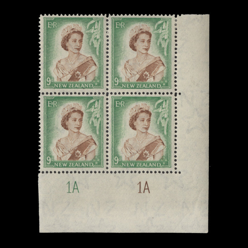 New Zealand 1954 (MLH) 9d Queen Elizabeth II plate 1A–1A block