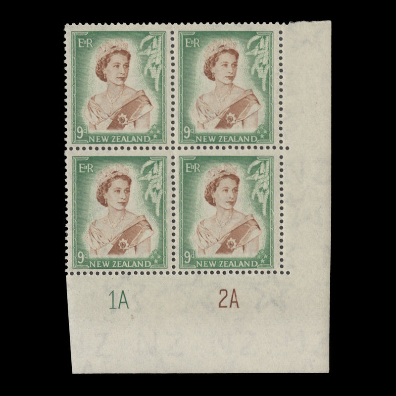 New Zealand 1954 (MLH) 9d Queen Elizabeth II plate 1A–2A block