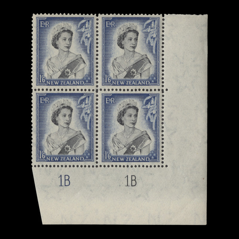 New Zealand 1954 (MNH) 1s 6d Queen Elizabeth II plate 1B–1B block