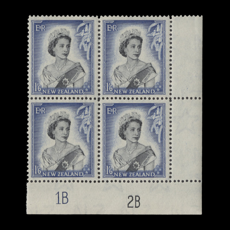 New Zealand 1954 (MNH) 1s 6d Queen Elizabeth II plate 1B–2B block