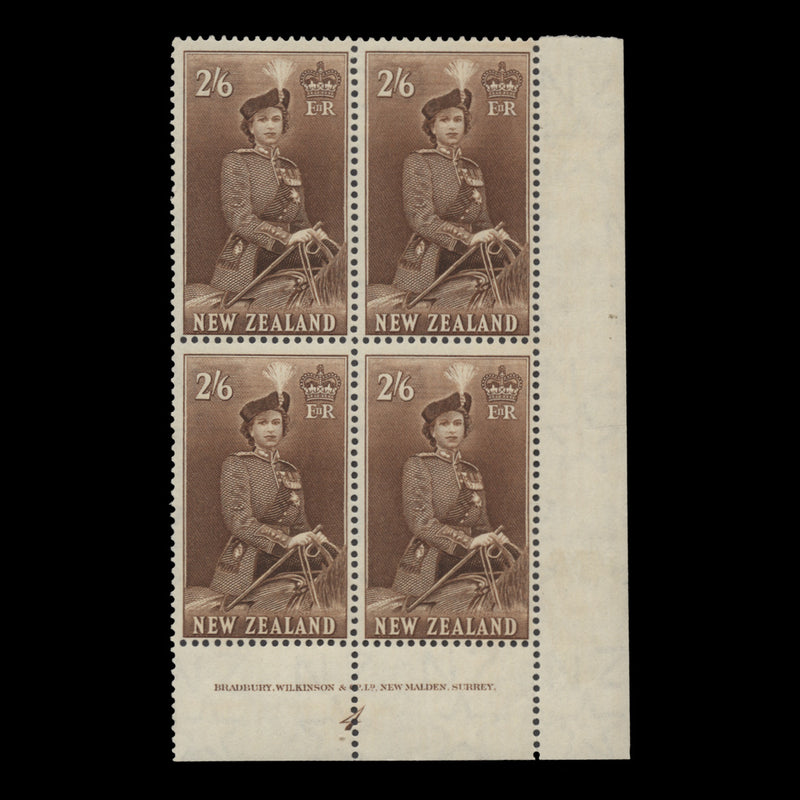 New Zealand 1957 (MNH) 2s 6d Queen Elizabeth II imprint/plate 4 block