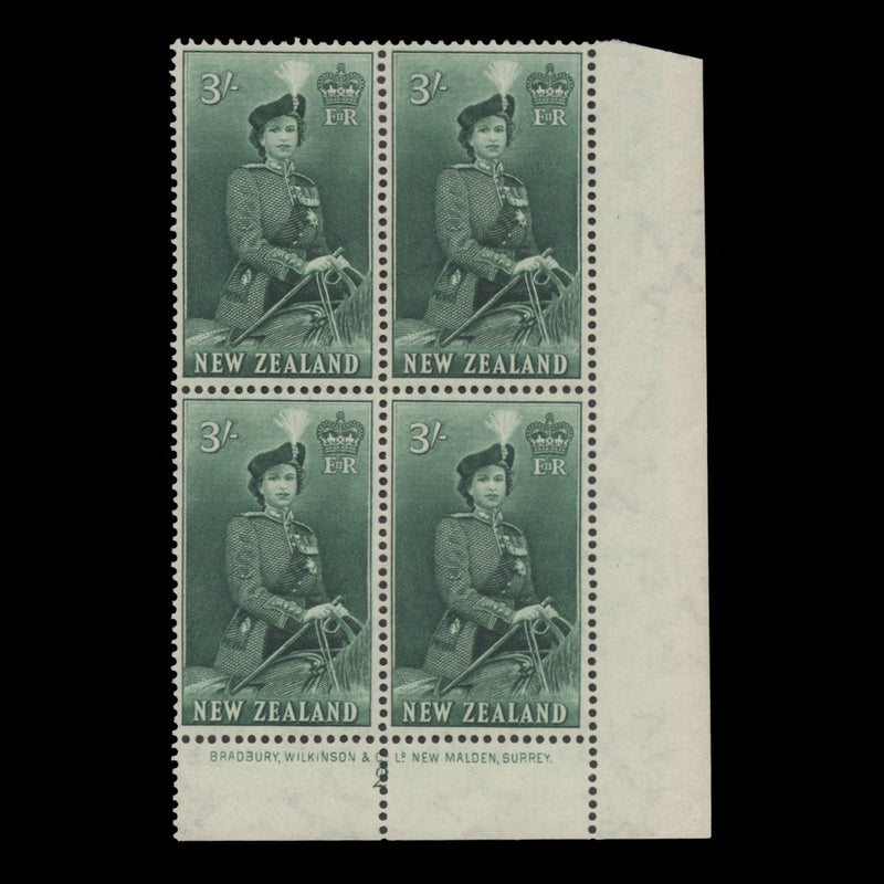 New Zealand 1954 (MLH) 3s Queen Elizabeth II imprint/plate 2 block