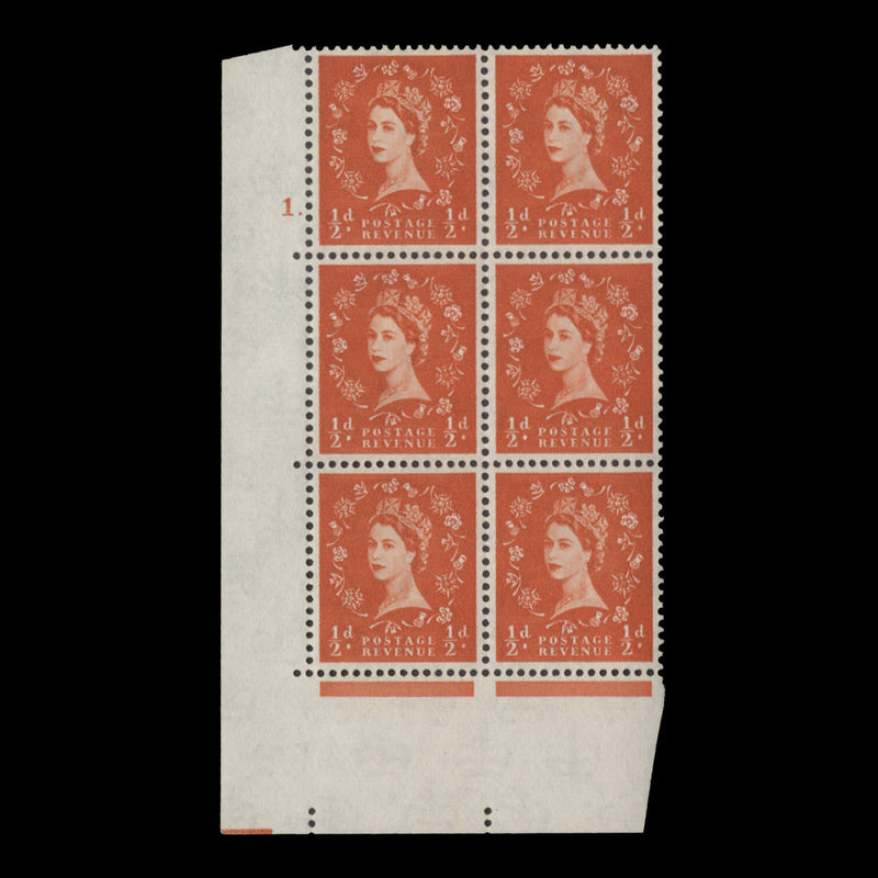 Great Britain 1962 (MNH) ½d Orange-Red cylinder 1. block, multiple crowns