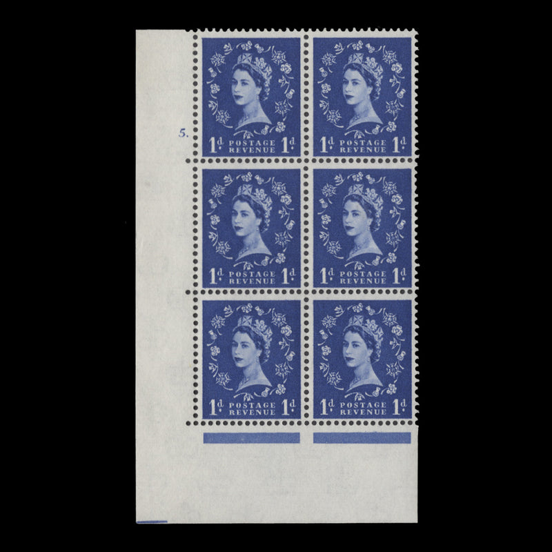 Great Britain 1962 (MNH) 1d Ultramarine cylinder 5. block, multiple crowns