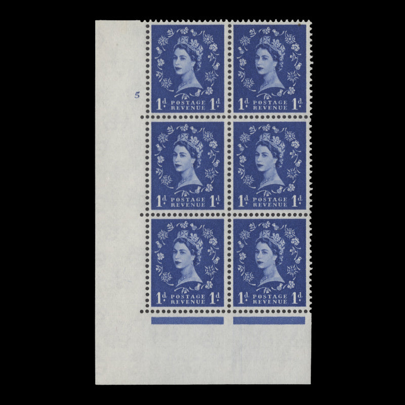 Great Britain 1962 (MNH) 1d Ultramarine cylinder 5 block, multiple crowns