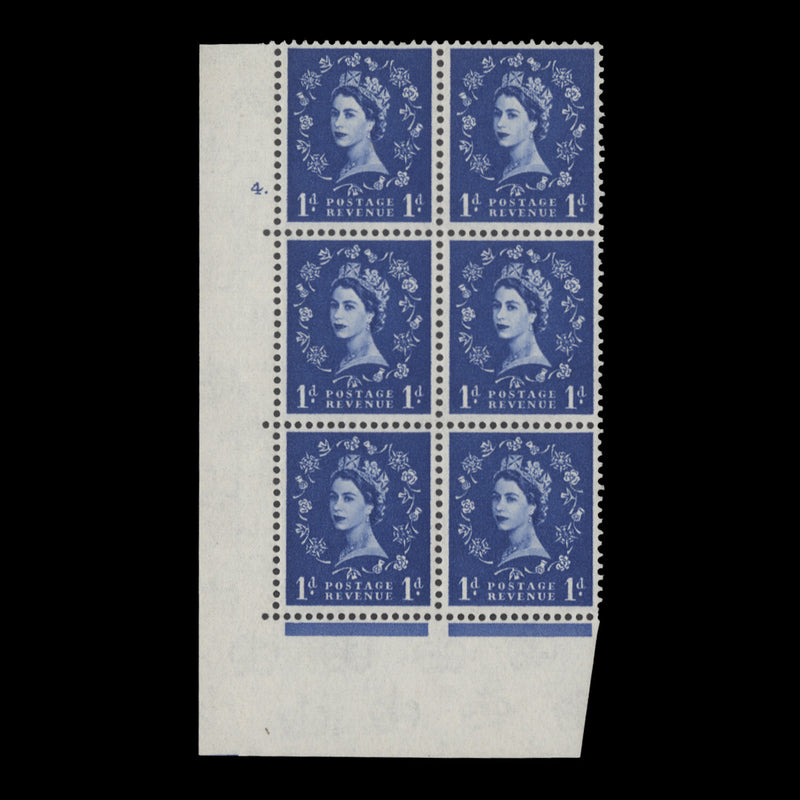 Great Britain 1962 (MNH) 1d Ultramarine cylinder 4 block, multiple crowns