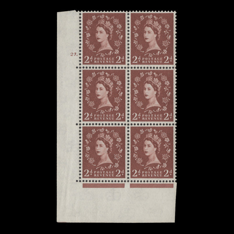 Great Britain 1963 (MNH) 2d Light Red-Brown cylinder 27. block, multiple crowns