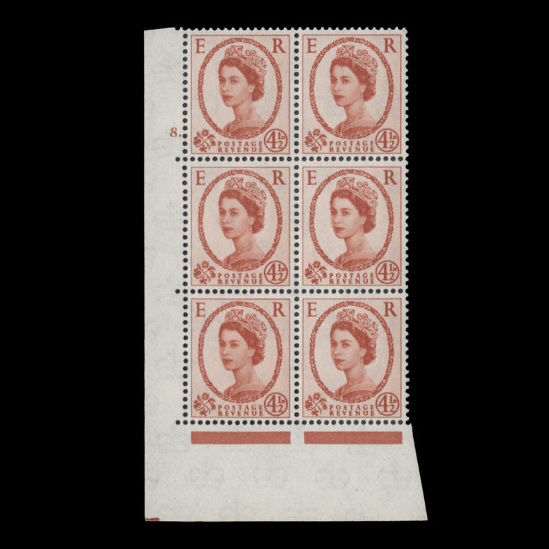 Great Britain 1962 (MNH) 4½d Chestnut cylinder 8. block, multiple crowns