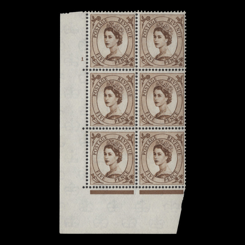 Great Britain 1963 (MNH) 5d Brown cylinder 1 block, multiple crowns