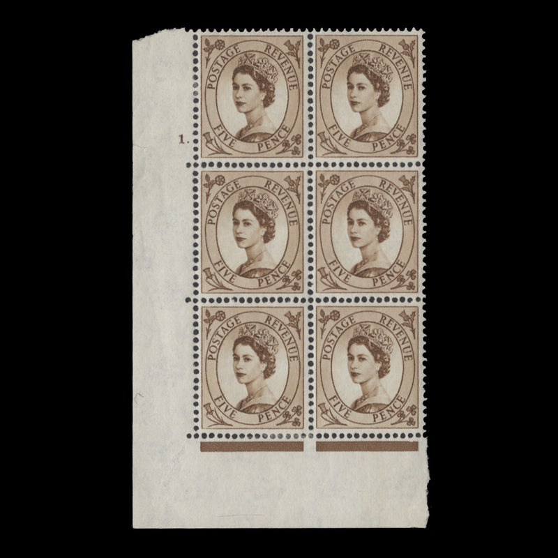 Great Britain 1963 (MLH) 5d Brown cylinder 1. block, multiple crowns