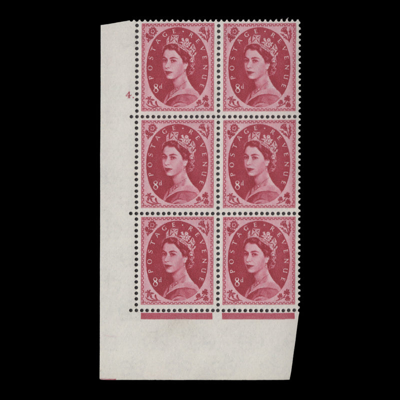 Great Britain 1962 (MNH) 8d Magenta cylinder 4. block, multiple crowns