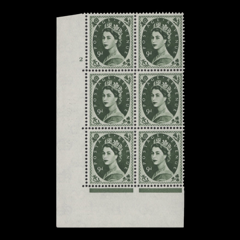 Great Britain 1962 (MNH) 9d Bronze-Green cylinder 2 block, multiple crowns