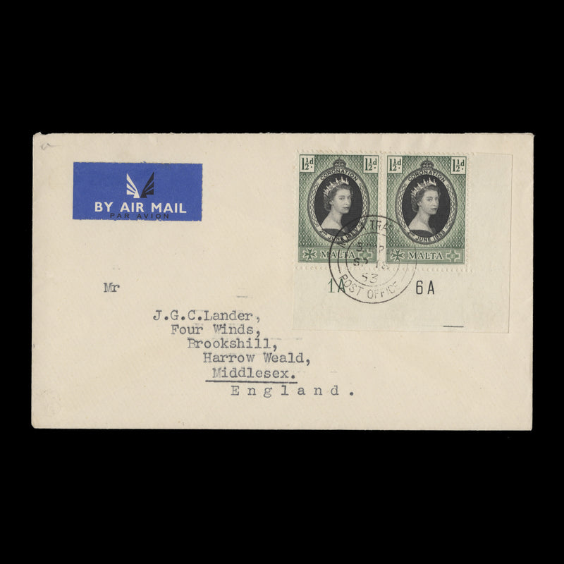 Malta 1953 (Used) 1½d Coronation plate 1A–6A pair on cover