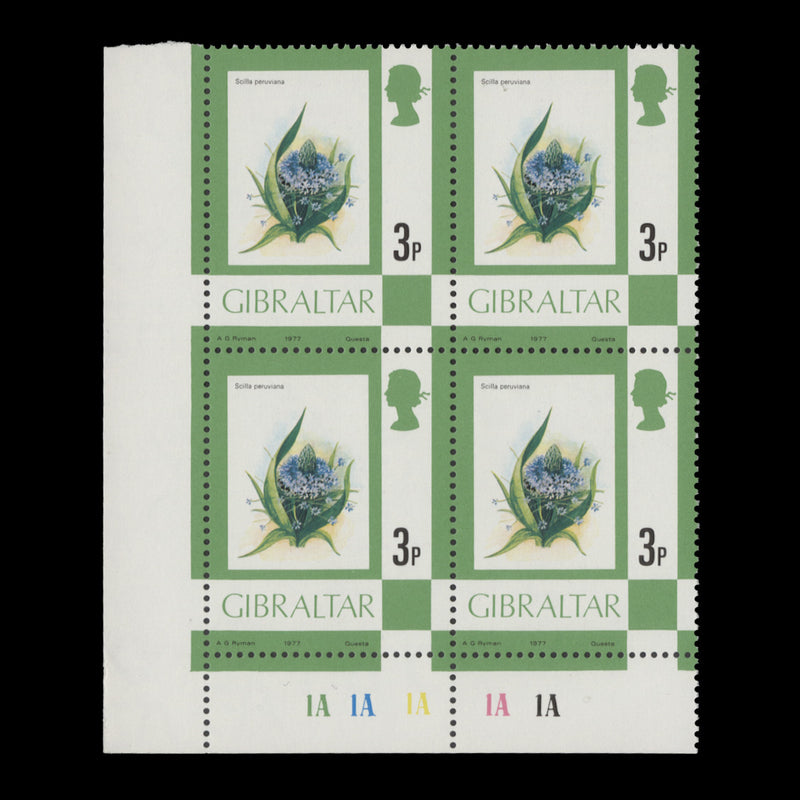 Gibraltar 1977 (MNH) 3p Giant Squill plate 1A–1A–1A–1A–1A block