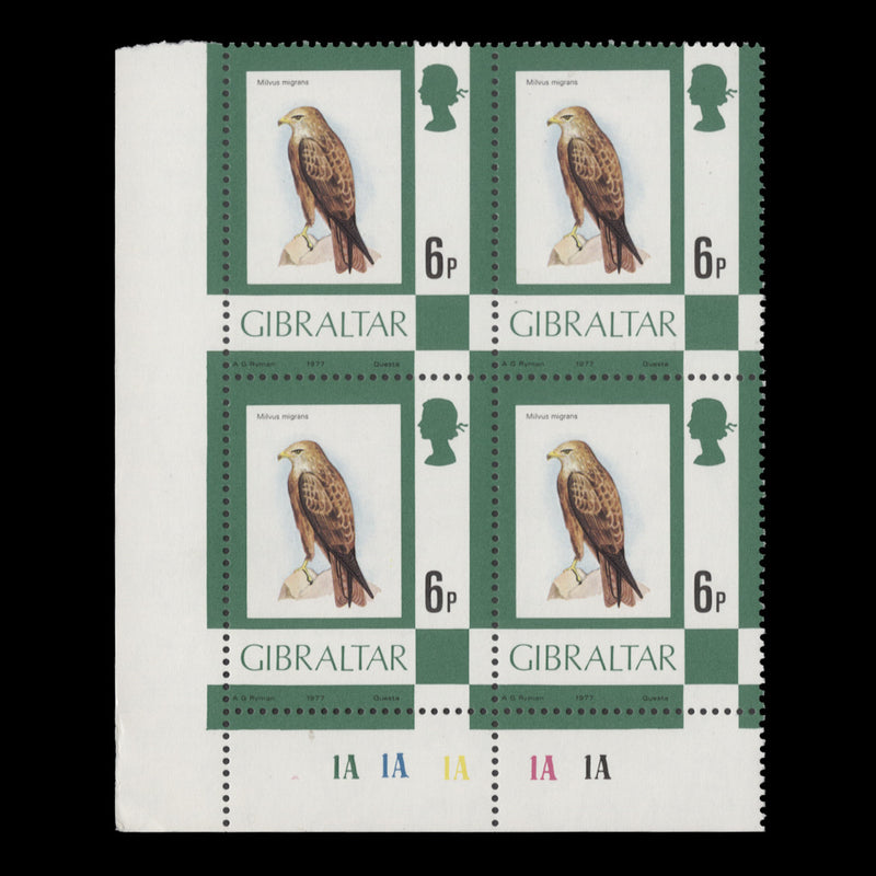 Gibraltar 1977 (MNH) 6p Black Kite plate 1A–1A–1A–1A–1A block