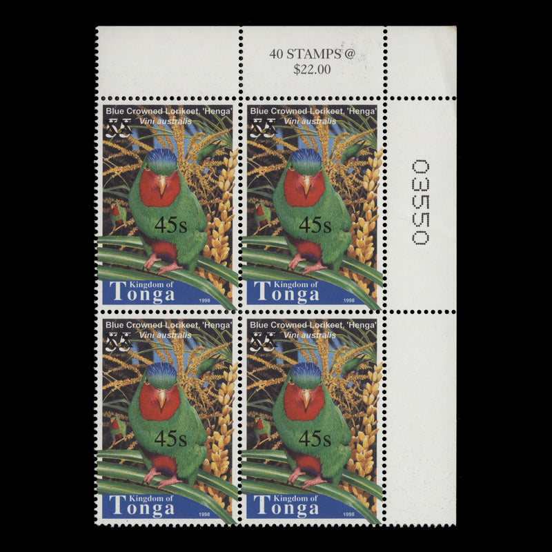 Tonga 2004 (MNH) 45s/55s Blue-Crowned Lorikeet block, type 6