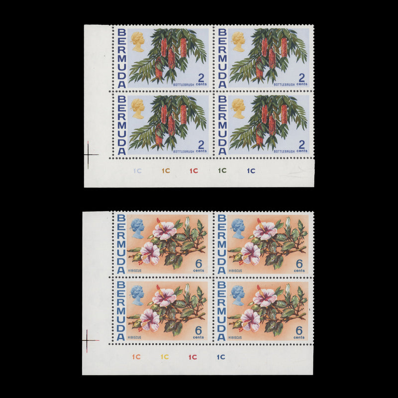 Bermuda 1975 (MNH) Flowers definitives plate blocks, diagonal watermark