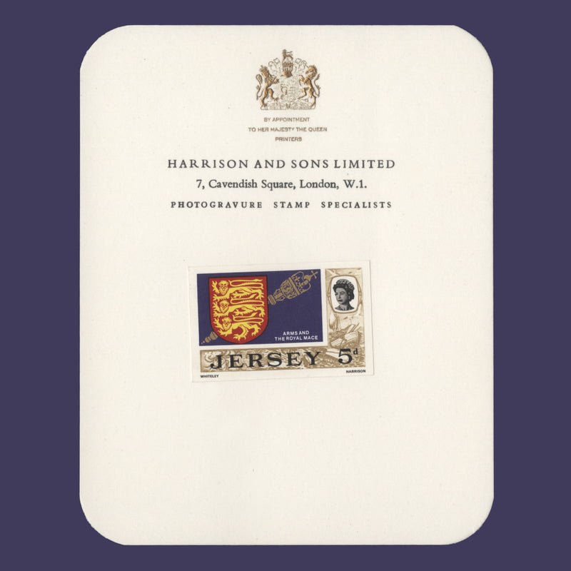 Jersey 1969 (Proof) 5d Arms & Royal Mace imperf single on presentation card