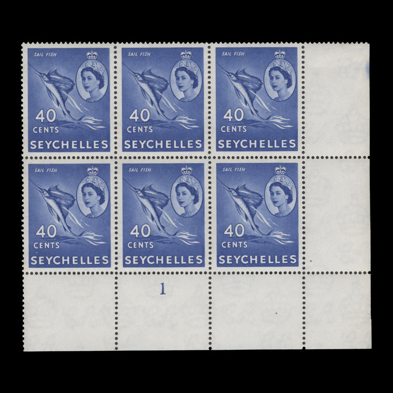 Seychelles 1954 (MLH) 40c Sail Fish plate 1 block