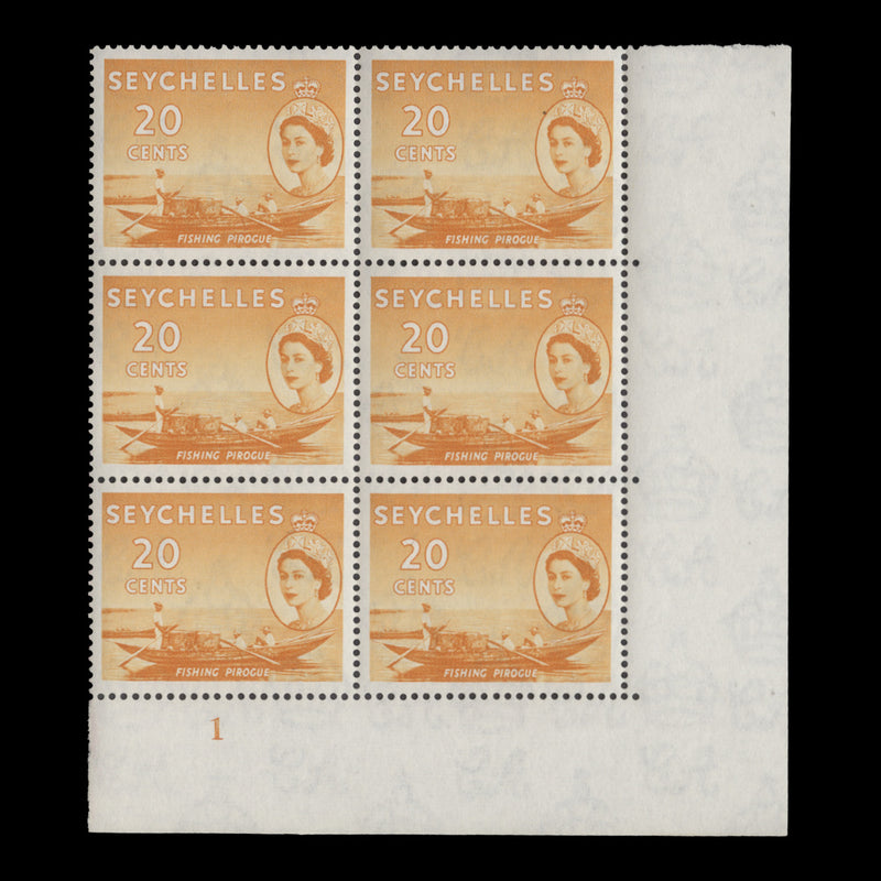 Seychelles 1954 (MLH) 20c Fishing Pirogue plate 1 block