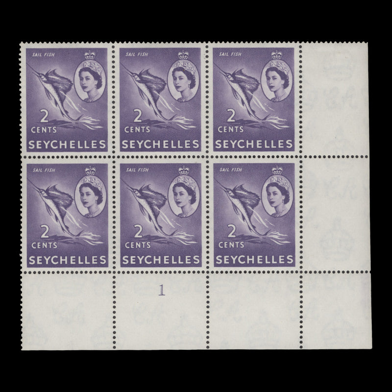 Seychelles 1954 (MLH) 2c Sail Fish plate 1 block