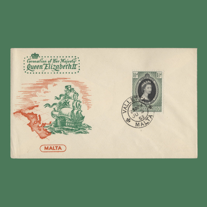 Malta 1953 (FDC) 1½d Coronation, VALLETTA